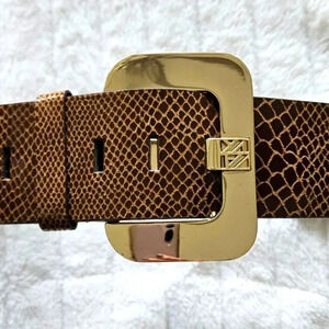 New W Tags Ann Klein Wide Snake Print Leather Belt Women's Size L Gold Hardware
